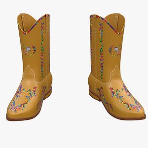 Brown Floral Western Cowboy Boot 3D Model PBR Quads