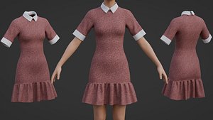 3D Floral Collar Neck Dress with Ruffled Hem - Formal Office Wear Outfit