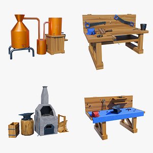 Stylized Workshop Pack – Forge, 2x Workbenches &amp; Alchemy Table