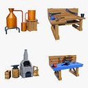 Stylized Workshop Pack – Forge, 2x Workbenches &amp; Alchemy Table
