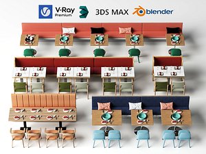 Modern Restaurant Interior Dining Furniture and Tableware Set 3D model