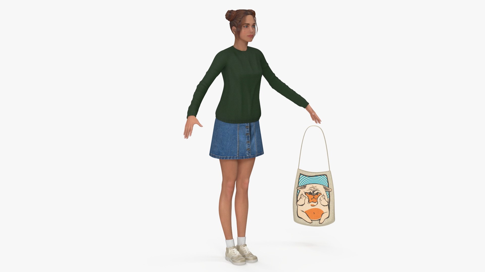 Caucasian Woman T-pose with Handbag 3D model preview