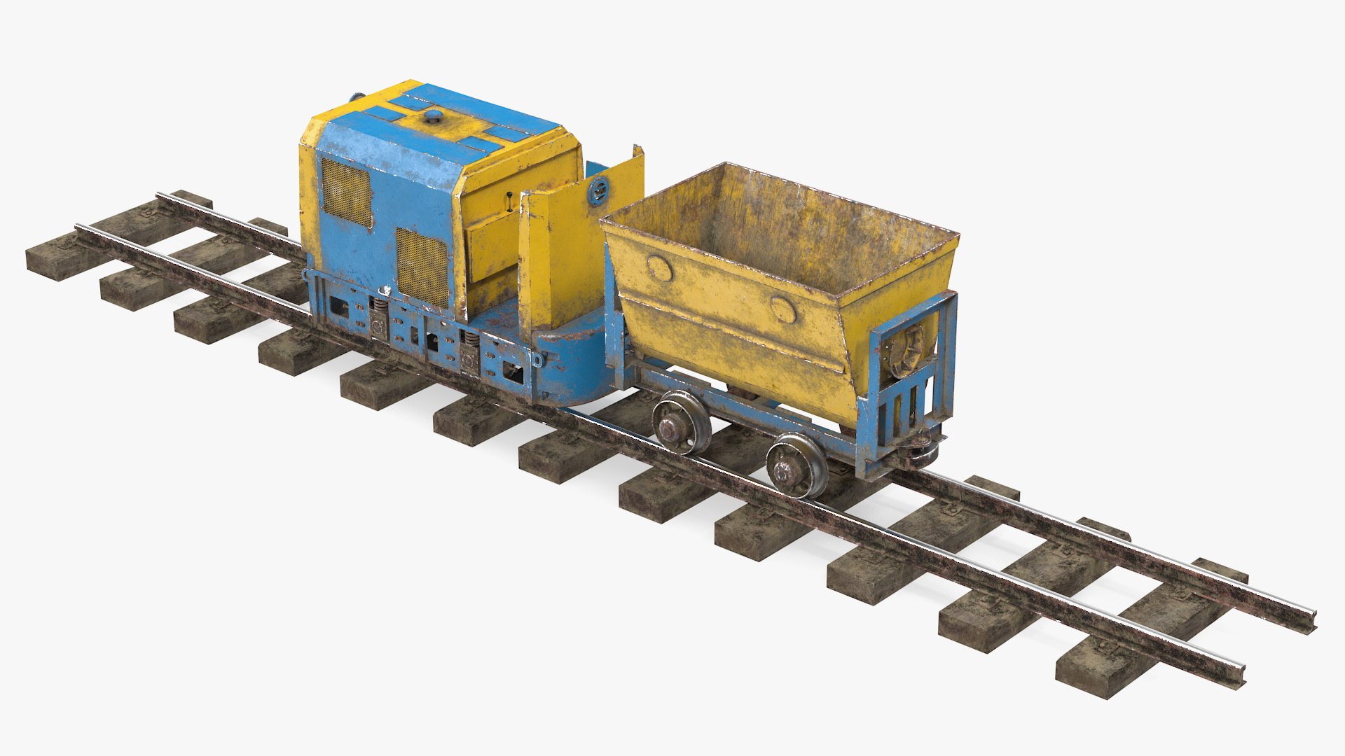 Mining Locomotive with Minecart on Railway Section Dusty 3D model preview