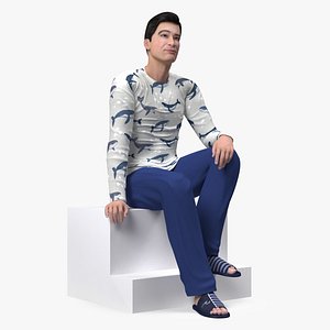 Asian Man Home Style Clothes Sitting Pose