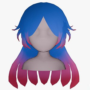 3D Stylized Blue Red Gradient Anime Girl Long Hair