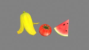 Cartoon fruits - banana peel - tomato - watermelon 3D model