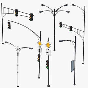 3D Street Traffic Light and Light Poles Collection model
