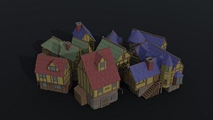 Low-poly cartoon medieval fantasy city buildings kit 3D