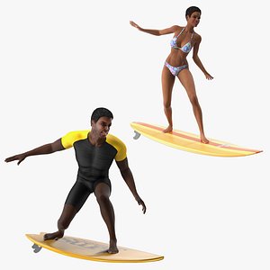 3D Black Man and Woman On Surfboard Collection