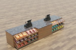 Supermarket Checkout Counter Cashier with food Low-poly 3D model