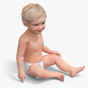 Boy Aged 1 Year in Diaper Sitting Pose