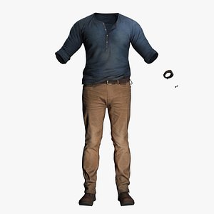Realistic Male Casual Outfit - Blue Henley  Brown Chinos 3D model