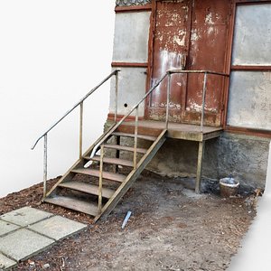 3D scan of Rusty metal stairs to old door industrial building