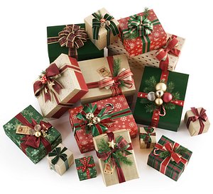 Christmas Gifts Boxes with Ribbons and Pine