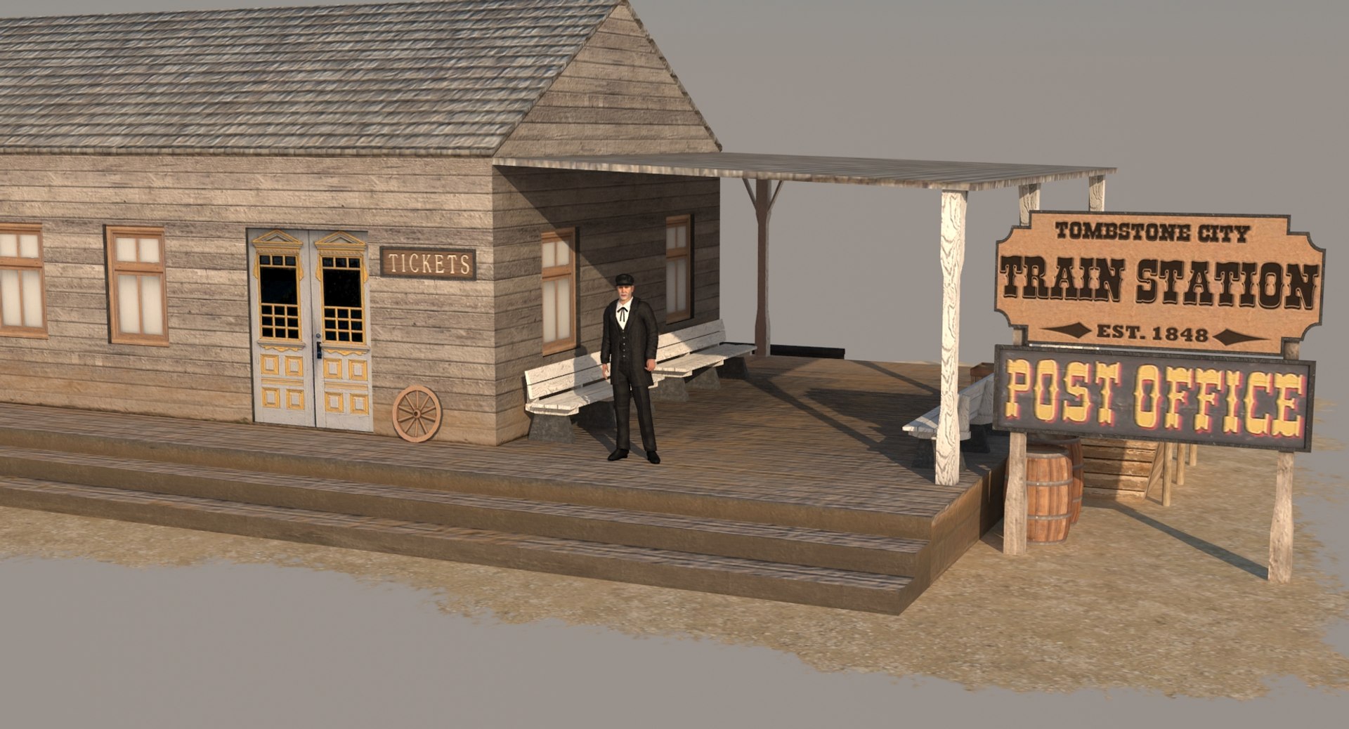 3d wild west train station model