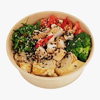 Poke bowl lunch with eggs chicken avocado tomatoes rice chuka algae seaweed