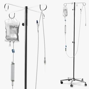 Baxter IV Pole with Dextrose Saline Bag Steel 3D model