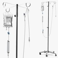 Baxter IV Pole with Dextrose Saline Bag Steel