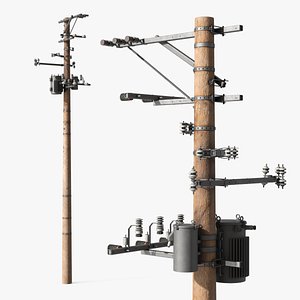 Wooden Power Pole with Transformer Gray Old 3D model
