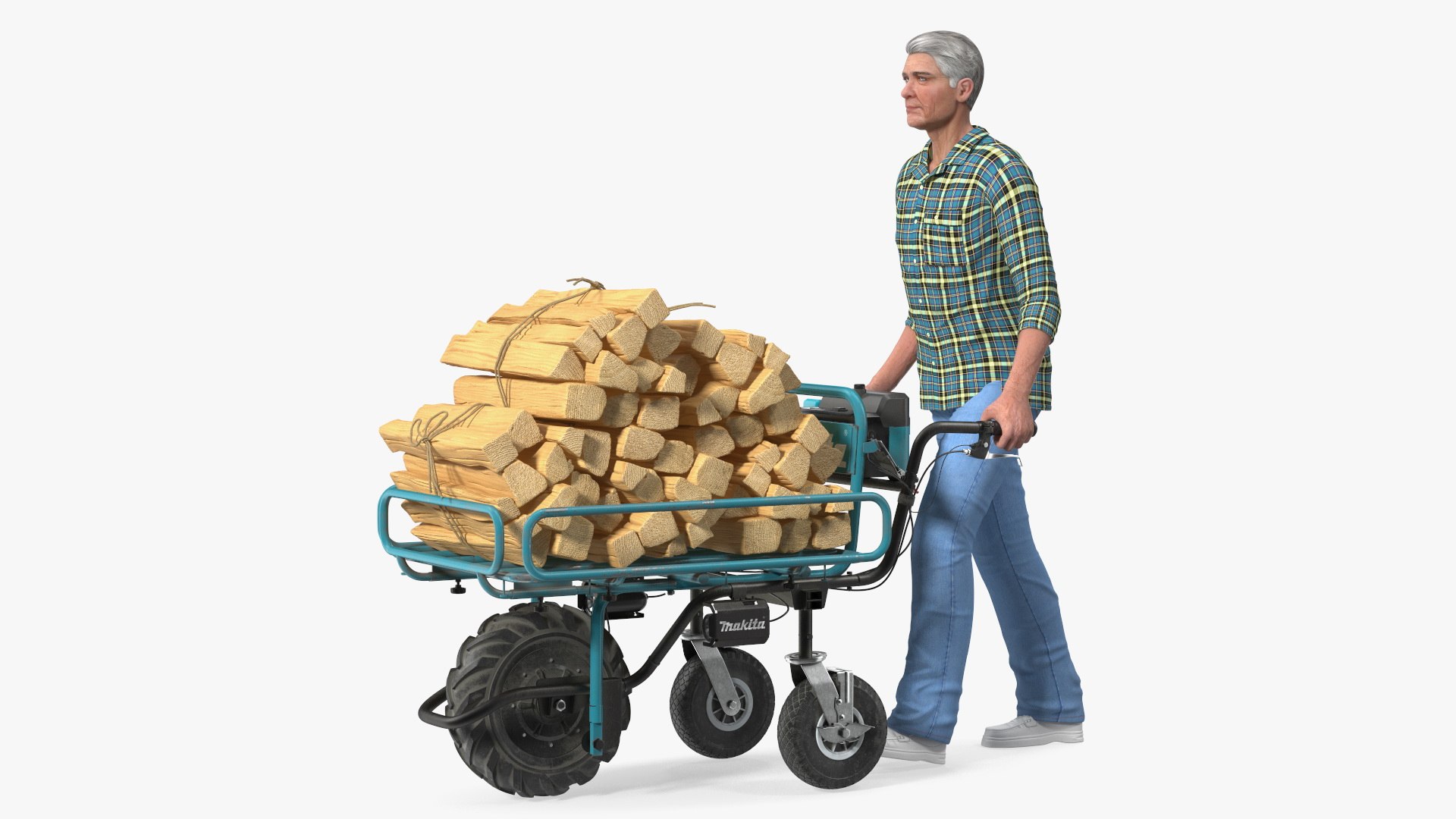 Elderly Man Makita DCU180ZF Electric Wheelbarrow with Wood 3D model preview