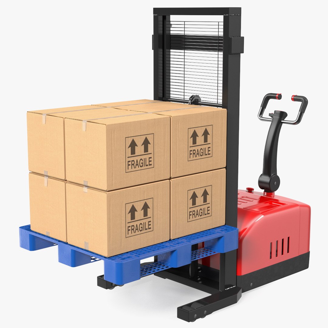 Red Powered Stacker with Stack of Boxes 3D model preview