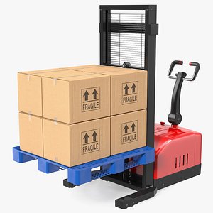 3D model Red Powered Stacker with Stack of Boxes