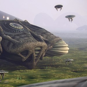 Alien planet scene with organic mothership