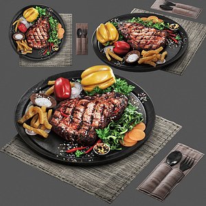 3D meat steak with vegetables in a plate