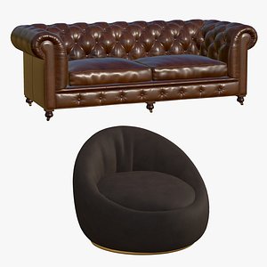 Chesterfield Leather Sofa With Realistic Chair 3D model