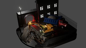3D excavator truck panorama repair night