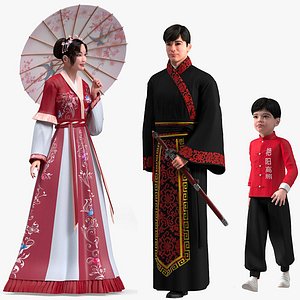 Rigged Traditional Style Chinese Man Woman and Boy Collection for Maya
