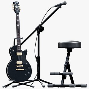 Guitar Studio Setup Pack - Stool Microphone Stand and Guitar 3D model