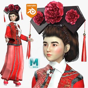 Realistic Rigged Asian Woman in Red Girl-Lushe Character 3D Model