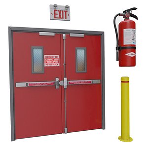 3D Fire Emergency Set - Exit Sign Extinguisher Bollard Doors