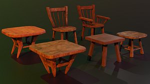 A set of wooden chairs with scuffs and abrasions