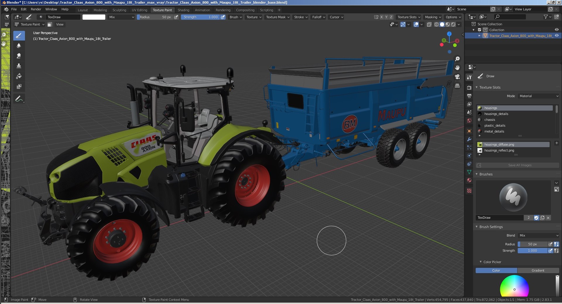 Tractor Claas Axion 800 with Maupu 18t Trailer 3D model preview