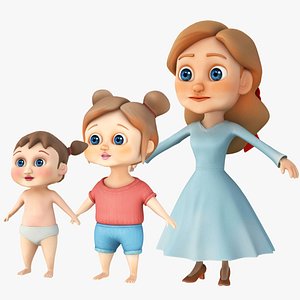 Cartoon Mother Kid and Baby Girls