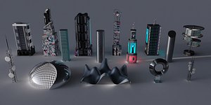 3D model Cyberpunk Sci-fi futuristic building pack mid-poly 3D model Low-poly 3D model