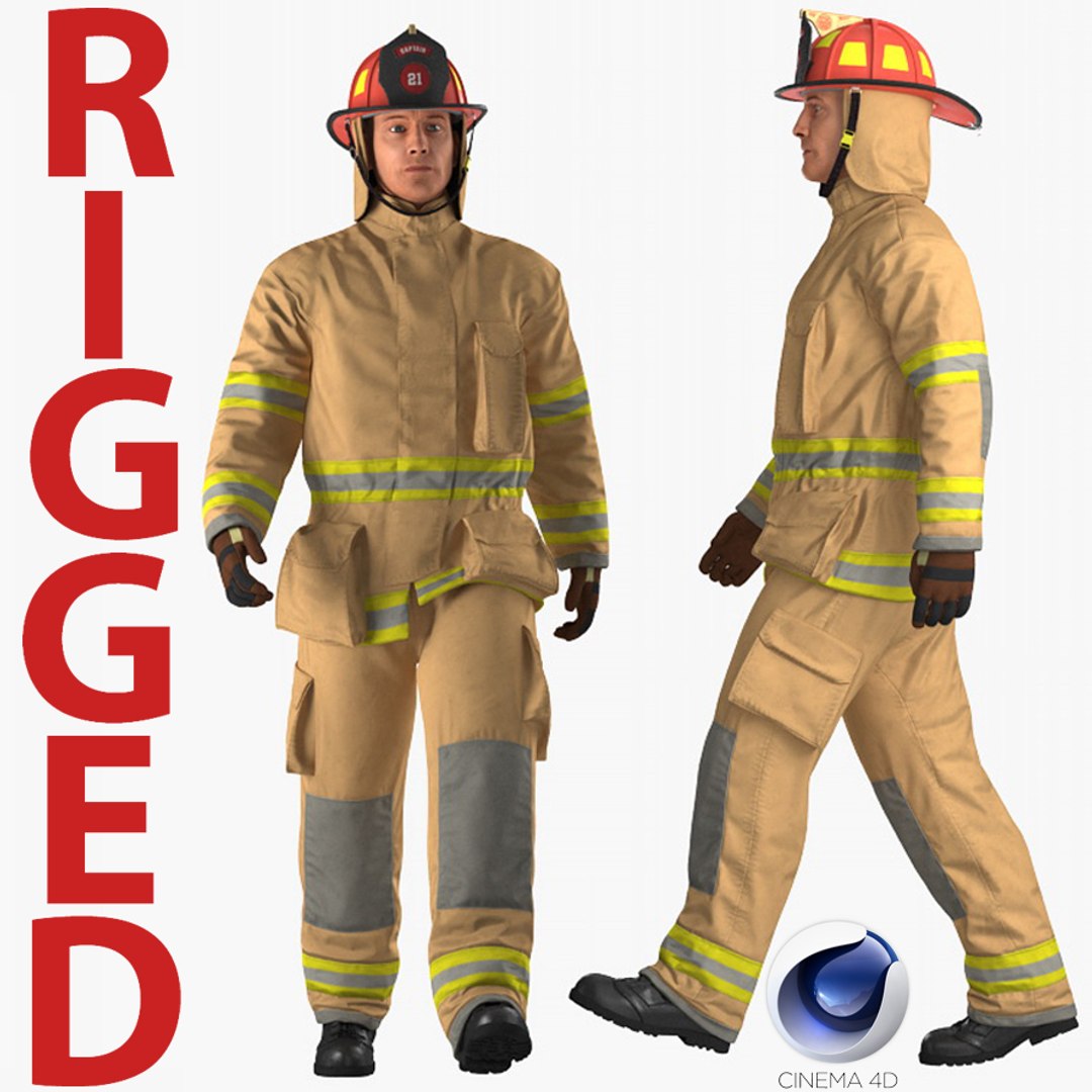 US Firefighter with Fully Protective Suit Rigged for Cinema 4D 3D Model 3D model preview