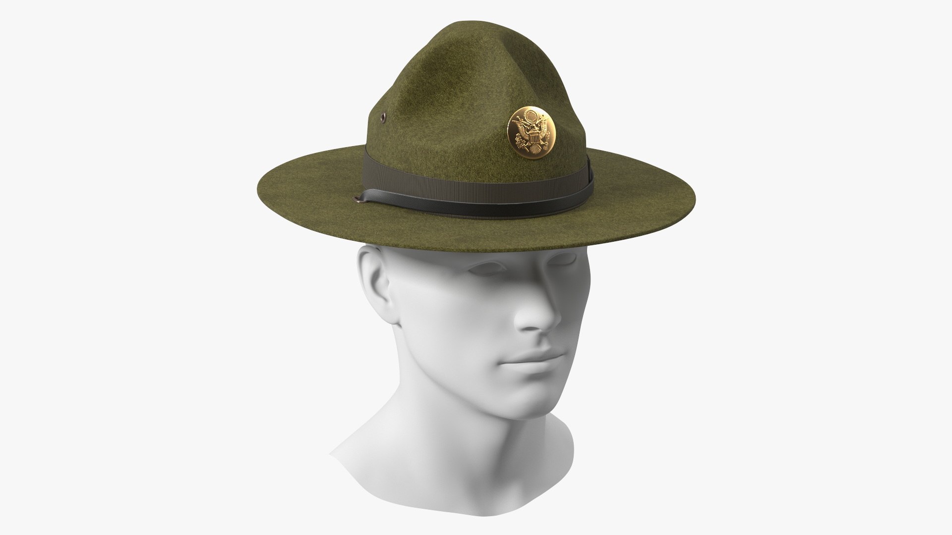 Campaign Hat with Cockade Green on Mannequin 3D model for industrial visualization, technical presentation, simulation, product rendering, and animation