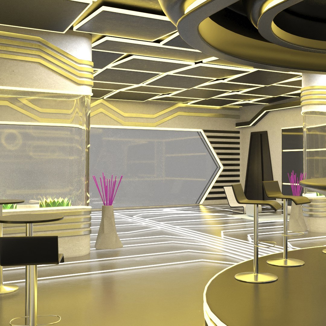 Fantastic Cafe Interior Yellow Lights On 3D model preview