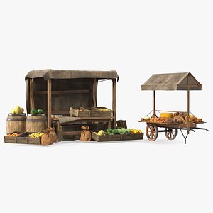 3D Medieval Trading Market Shop with Cart
