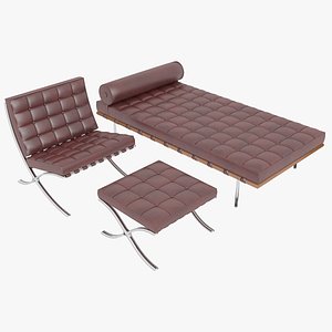 Knoll Red Leather Barcelona Chair Couch and Stool Ottoman Set 3D model