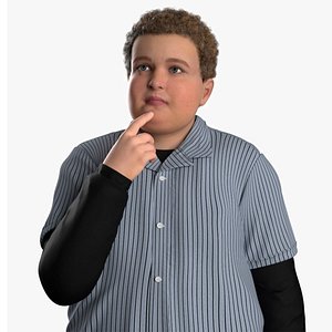 3D Pensive Obese Boy with Curly Hair