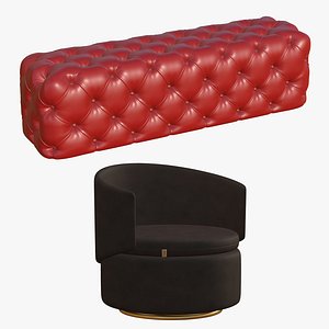 Chesterfield Realistic Sofa Leather Bench Red 3D model