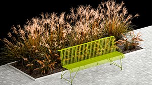 Flowerbed Bench With Bushes Feather Grass 1135