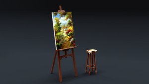 Carved Wood Easel and Painting Set 3D