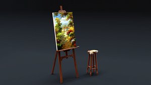 Carved Wood Easel and Painting Set