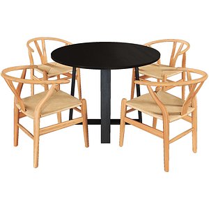 Olwen Oak Wood Round Dining Table and Natural Hans Wegner Replica Wishbone Chairs 3D model