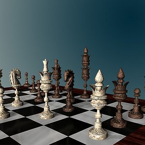 chess set carved wooden board 3d model